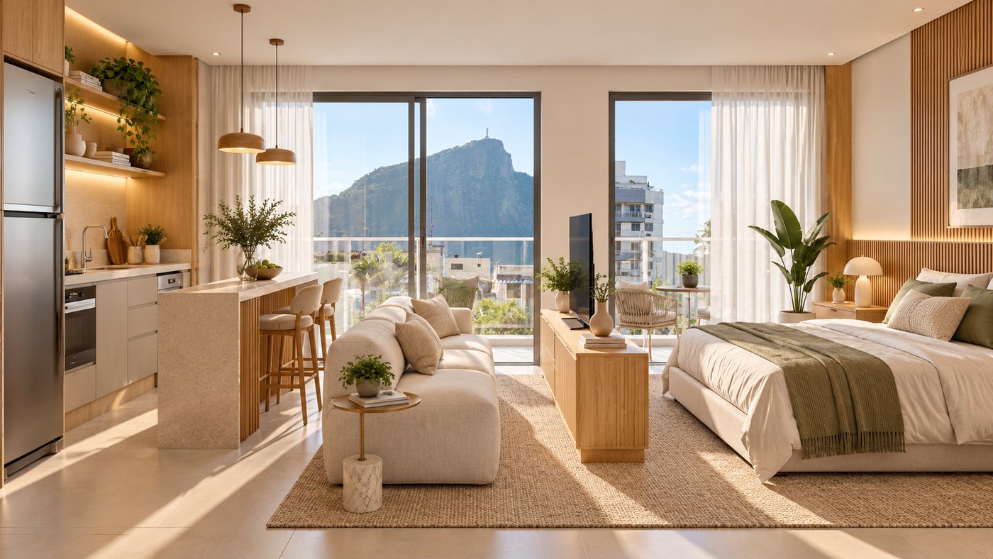 Ambientação ilustrativa de studio contemporâneo com vista para o Corcovado